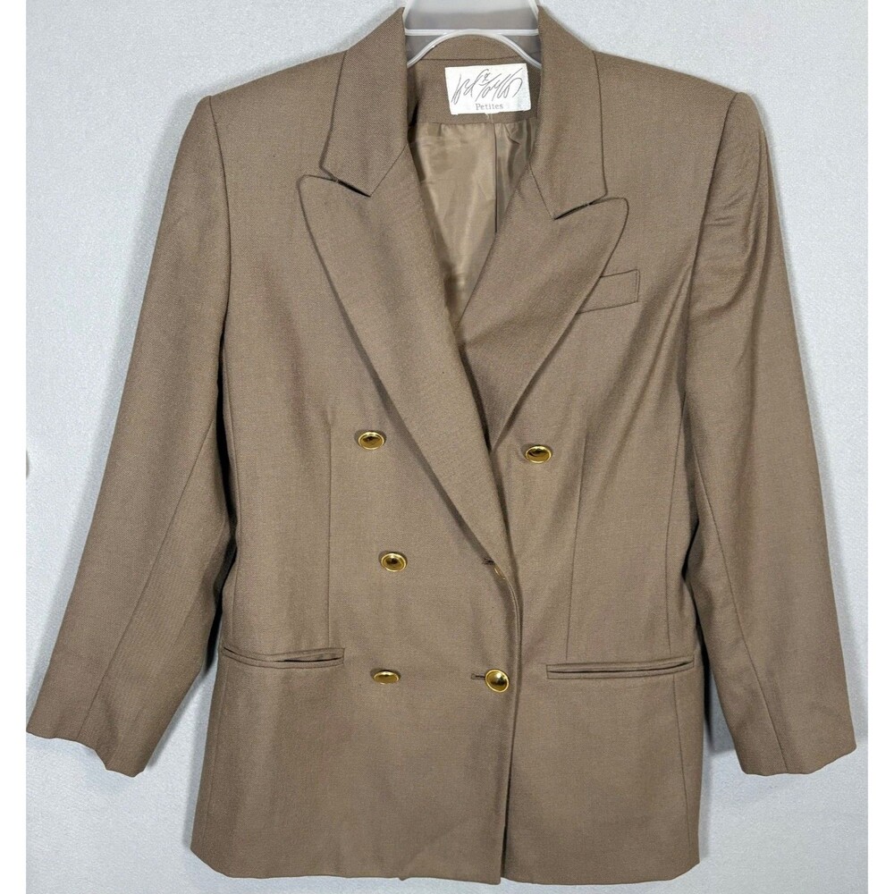 Vtg Lord & Taylor Double Breasted Blazer Womens 8Taupe Gold Tone Buttons Y2K